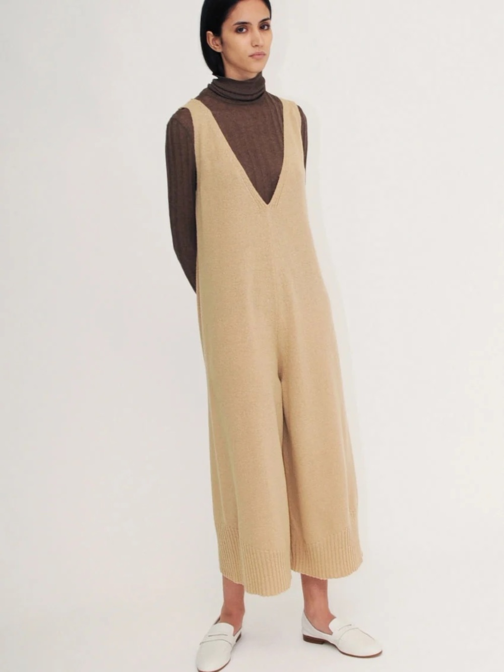 Small Duarte Knit Wide-Leg V-Neck Jumpsuit in Beige